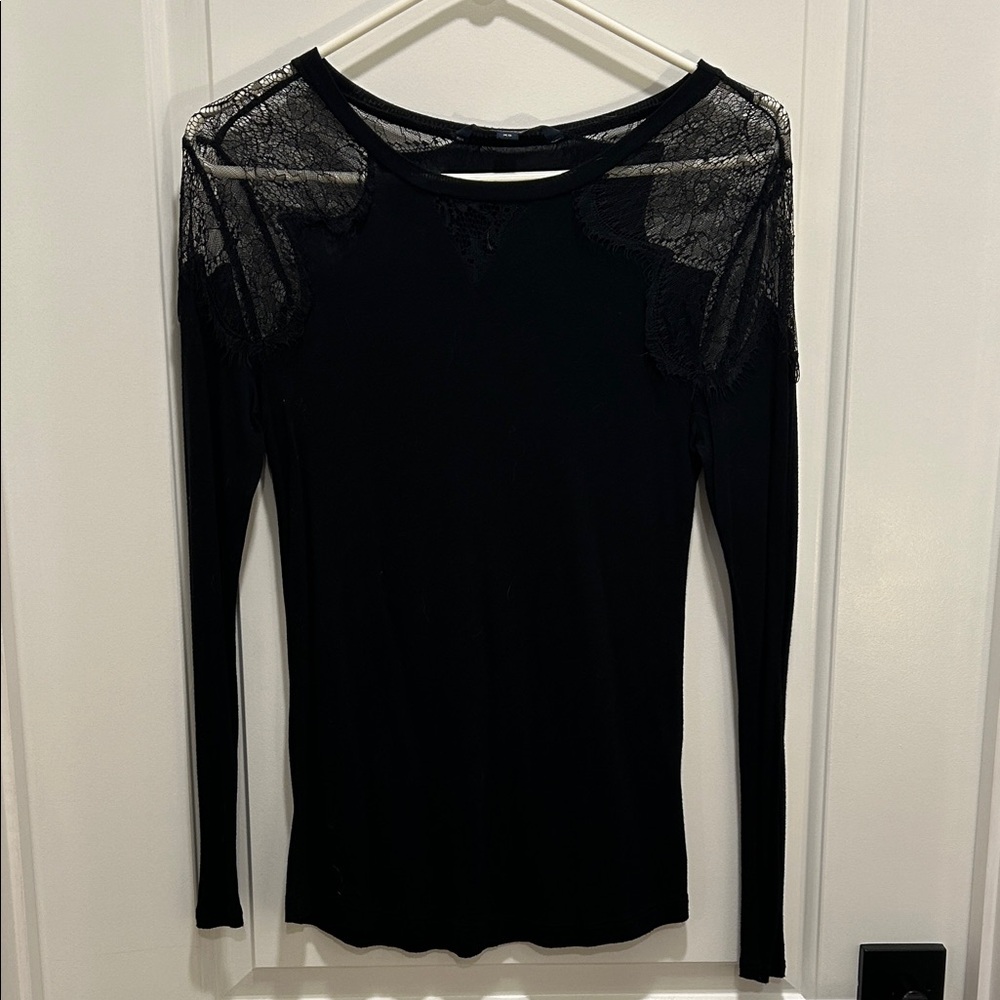 French Connection Black Long Sleeve Top with Lace Accents